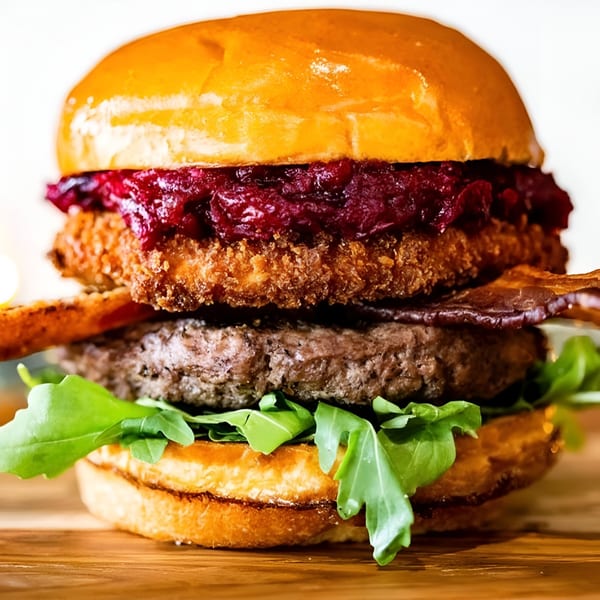 A BuffBurger with a beef patty, fried chicken, bacon, arugula, and a dark red relish.