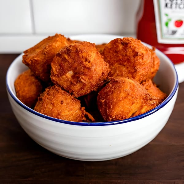 A white bowl with a blue rim is filled with golden-brown, crispy BuffBurger hushpuppies, with ketchup in the background.