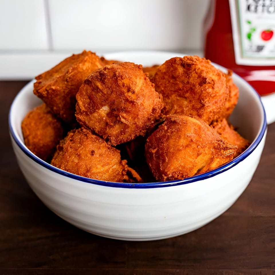 A white bowl with a blue rim is filled with golden-brown, crispy BuffBurger hushpuppies, with ketchup in the background.
